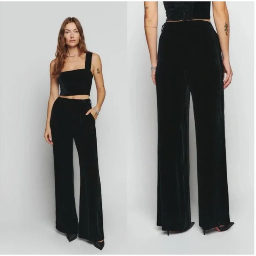 Reformation Wes Velvet Black Wide Leg Pants Trousers Size 4